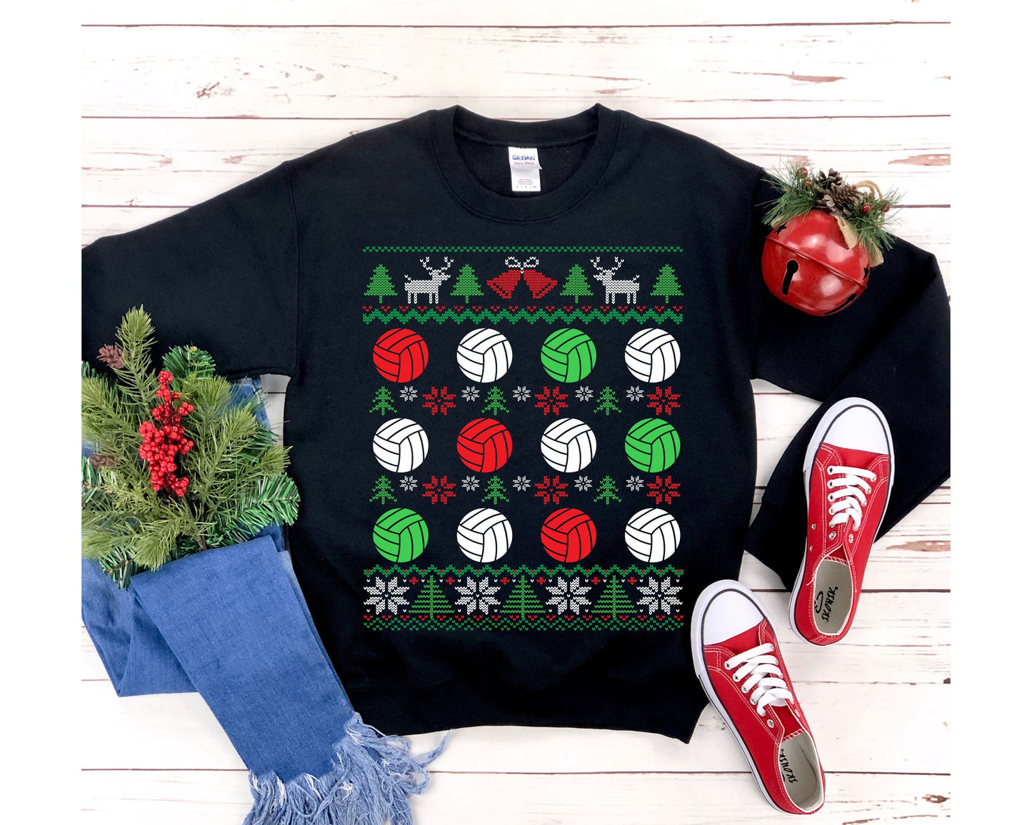Volleyball Ugly Christmas Sweatshirt | Red White Green Volleyball Balls Shirt | Volleyball Player Gift | Matching Volleyball Team Coach