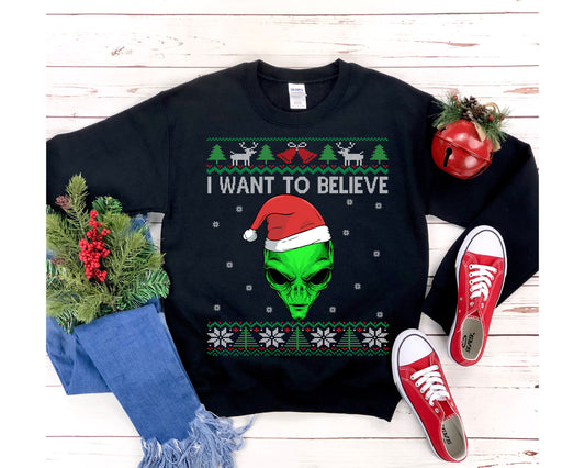 Alien Santa Ugly Christmas Sweatshirt | I Want To Believe | Funny UFO Believer Gift | Alien Head Shirt | Extraterrestrial UFO Conspiracy