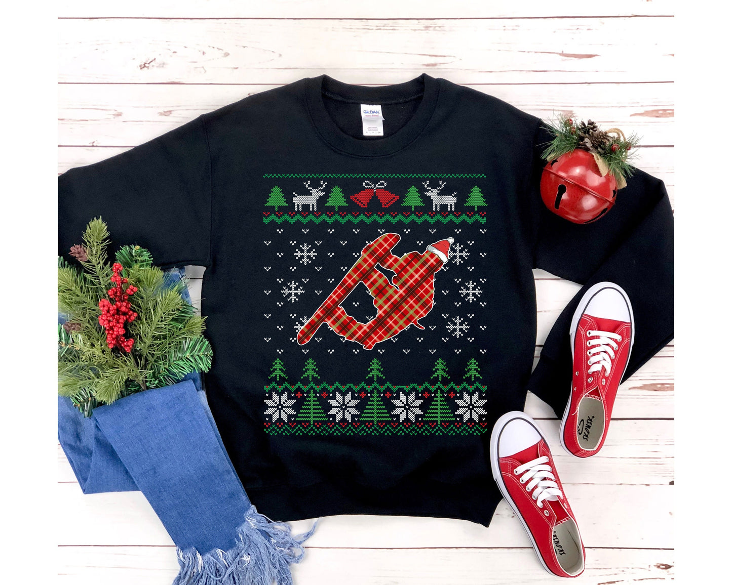 Snowboarder Santa Claus Ugly Christmas Sweatshirt, Plaid Snowboarding Shirt, Snowboard Teacher Gift, Boarding Dad & Teen Unisex Sweatshirt