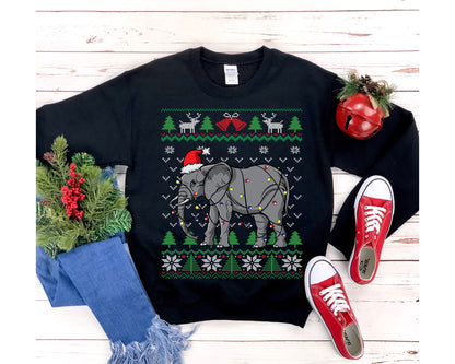 Cute Elephant Ugly Christmas Sweatshirt, Elephant Santa Hat Wrapped in Christmas Lights, Funny African Wildlife Elephant Lover Gift Shirt