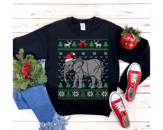 Cute Elephant Ugly Christmas Sweatshirt, Elephant Santa Hat Wrapped in Christmas Lights, Funny African Wildlife Elephant Lover Gift Shirt