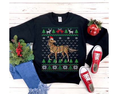 Funny Horse Ugly Christmas Sweatshirt, Horse Santa Hat & Christmas Lights, Horse Lover Equestrian Horseback Riding, Farmer Gift, Unisex
