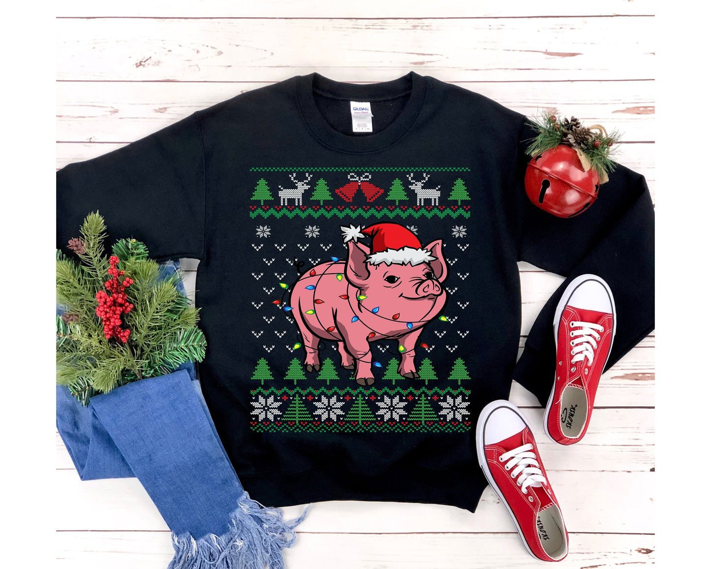 Pig Themed Ugly Christmas Sweatshirt, Pig Santa Hat Christmas Lights Shirt, Funny Piglet Lover, Farmer Family Gift, Farm Mom & Dad