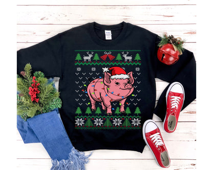Pig Themed Ugly Christmas Sweatshirt, Pig Santa Hat Christmas Lights Shirt, Funny Piglet Lover, Farmer Family Gift, Farm Mom & Dad