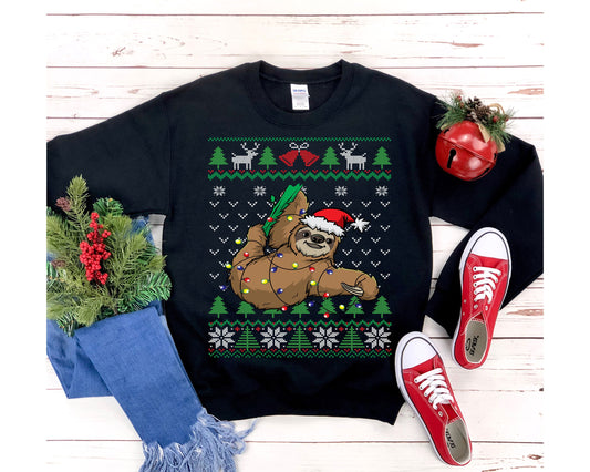 Funny Sloth Themed Ugly Christmas Sweatshirt, Cute Hanging Sloth Santa Hat & Christmas Lights, Gift for Sloth Lover Christmas Shirt