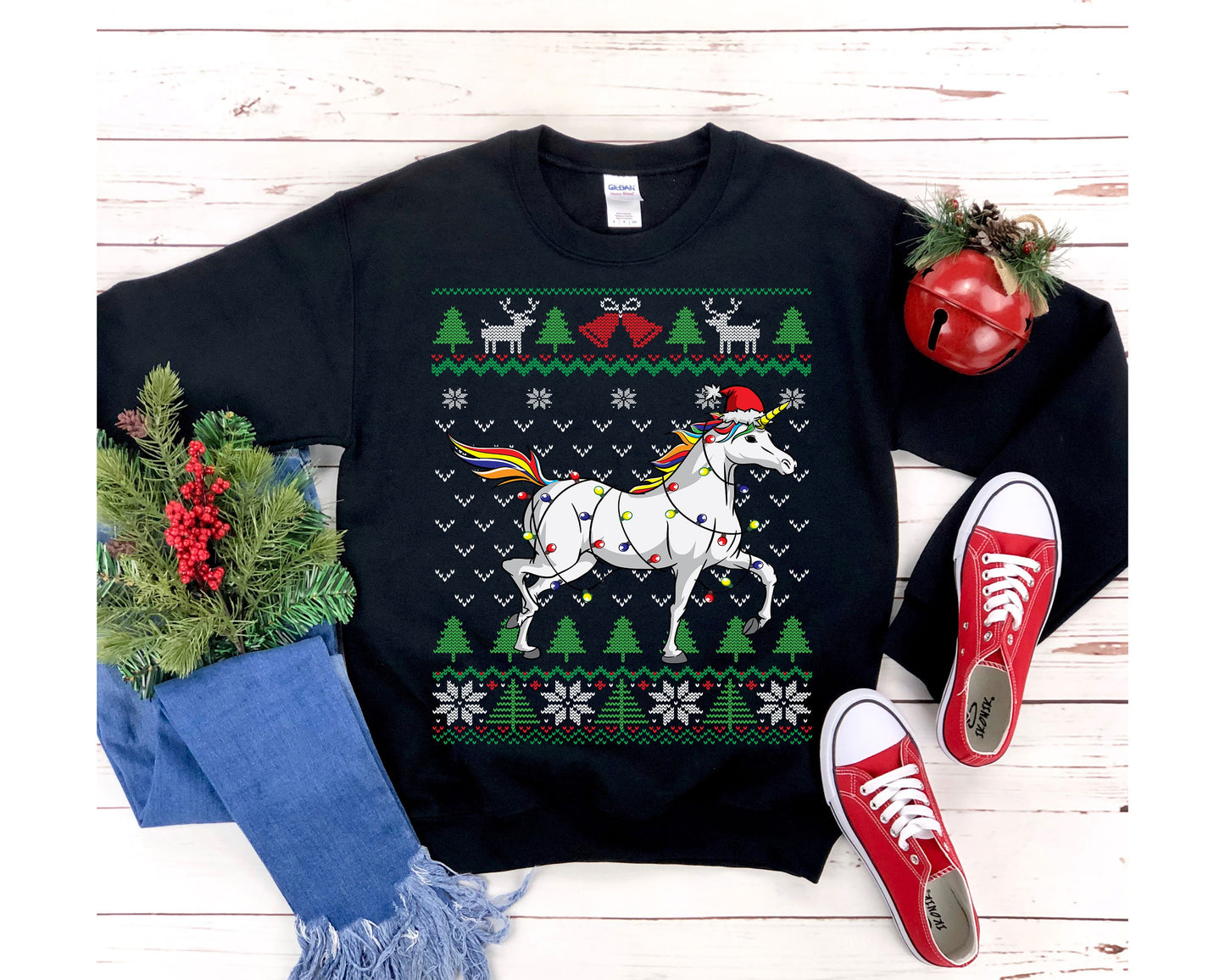 Unicorn Themed Ugly Christmas Sweatshirt, Unicorn Santa Hat Wrapped in Charistmas Lights, Cute Unicorn Christmas Shirt, Unicorn Lover Gift