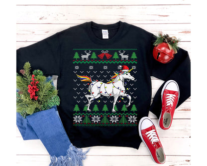 Unicorn Themed Ugly Christmas Sweatshirt, Unicorn Santa Hat Wrapped in Charistmas Lights, Cute Unicorn Christmas Shirt, Unicorn Lover Gift