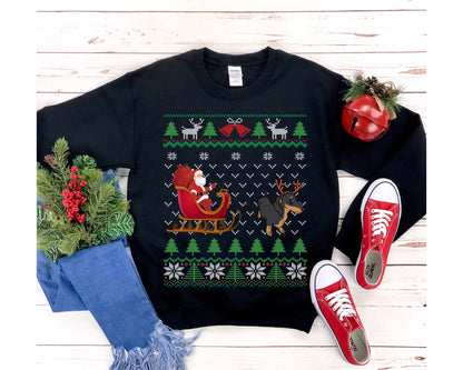 Dachshund Pulling Santa's Sleigh | Funny Wiener Dog Themed Ugly Christmas Sweatshirt | French Dachshund Lover Gift | Dachshund Owner Shirt