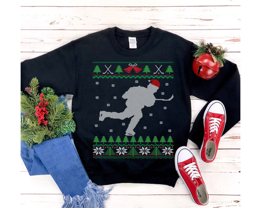 Ice Hockey Player Santa Hat Ugly Christmas Sweatshirt | Funny Hockey Fan Shirt | Hockey Lover Gift | Hockey Team & Coach