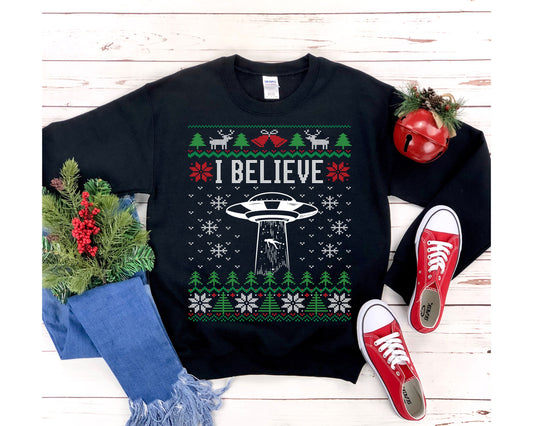 I Believe Ufo Ugly Christmas Sweatshirt, Alien Believer Gift, Alien Abduction Graphic Shirt, Space Lover Xmas Gift Unisex Heavy Blend Cre