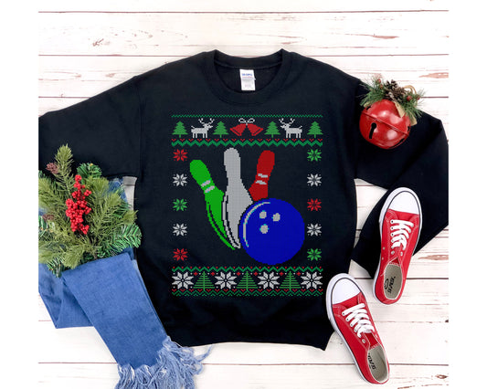 Bowling Ball & Pins Ugly Christmas Sweatshirt | Funny Bowling Shirt | Bowler Gift | Matching Holiday Bowling Team | Bowling Mom Dad