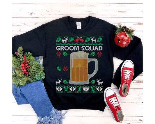 Groom Squad Ugly Christmas Sweatshirt | Funny Holiday Bachelor Party Shirt | Beer Themed Grooms Men Best Man Engagement & Wedding Party Gift