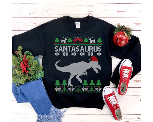 Santasaurus T-Rex Ugly Christmas Sweatshirt | Funny Dinosaur Wearing Santa Hat | Dino Lover Gift | Christmas Tyrannosaurus Rex Shirt