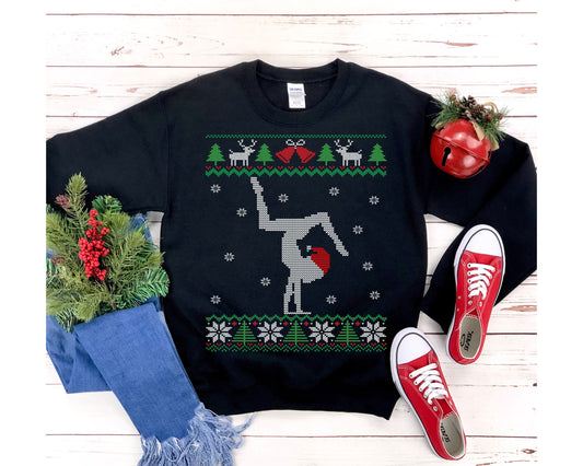 Hand Stand Gymnast Santa Hat Ugly Christmas Sweatshirt | Funny Gymnastics Girl Mom Shirt | Tumbling Gift | Gymnastics Team & Coach