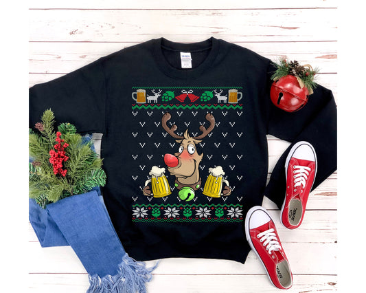 Beer Drinking Rudolph Ugly Christmas Sweatshirt, Funny Beer Lover Gift for Dad, Xmas Clothes, Beer Holiday Party Shirt Unisex Crewneck