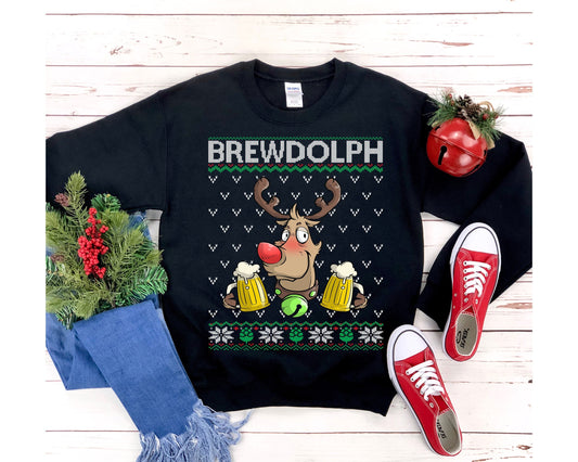 Brewdolph Sweatshirt, Beer Drinking Rudolph Ugly Christmas Shirt, Funny Beer Lover Gift for Dad Xmas Clothes Unisex Crewneck Sweatshirt