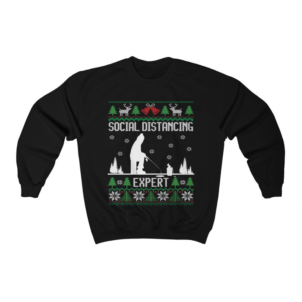 Social Distancing Expert Ice Fishing Ugly Christmas Sweatshirt, Funny Ice Fishing Shirt, Fisherman Gift Unisex Sweatshirt