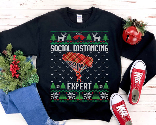 Social Distancing Expert Skydiving Ugly Christmas Sweatshirt, Funny Skydive Shirt, Sky Dive Enthusiast Gift Unisex Sweatshirt