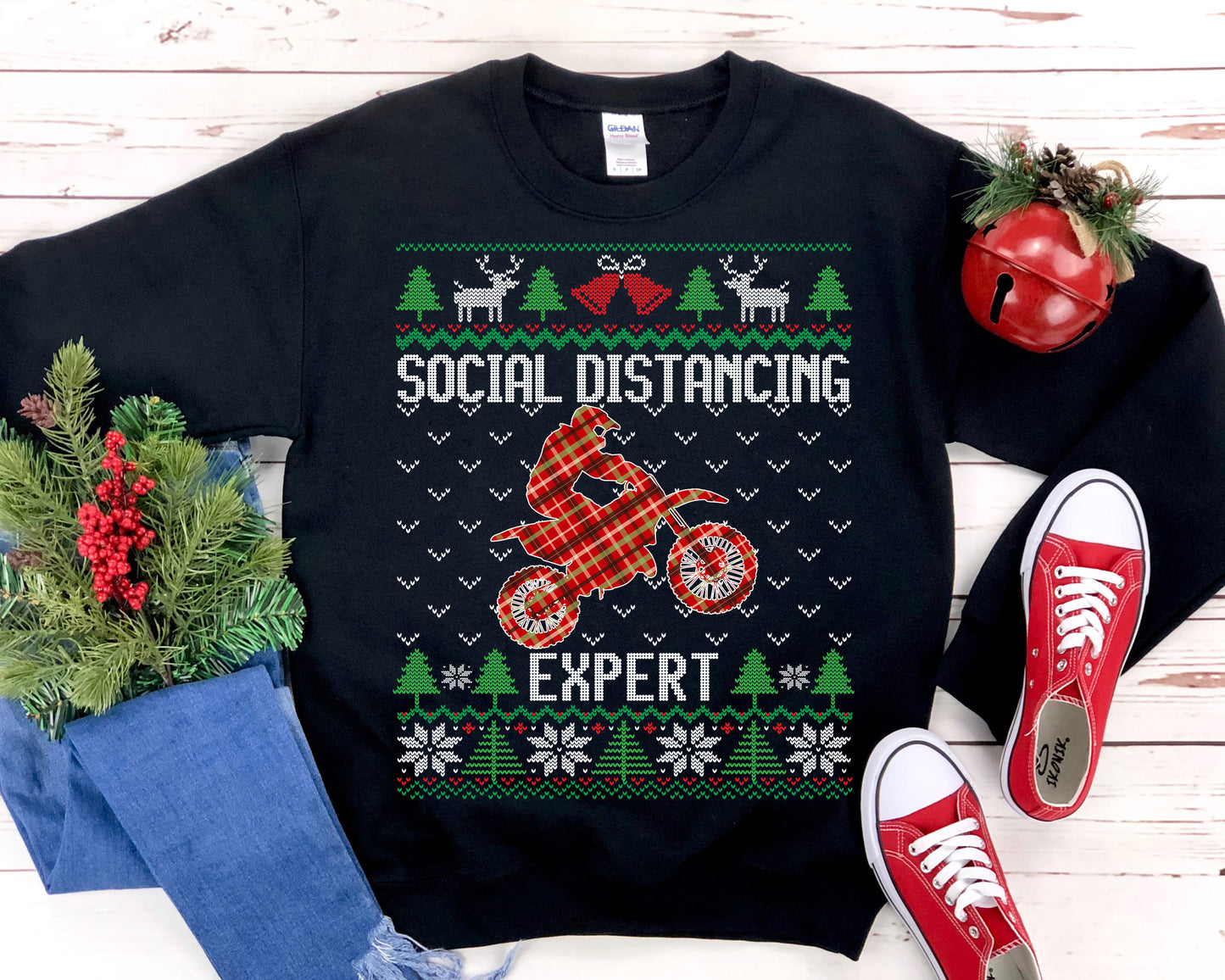 Social Distancing Expert Motocross Ugly Christmas Sweatshirt, Funny Motocross Rider Shirt, Dirt Bike Riding Gift Unisex Sweatshirt