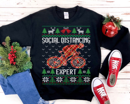 Social Distancing Expert Street Bike Riding Ugly Christmas Sweatshirt, Funny Cycling Shirt, Bicycle Cyclist Gift Unisex Sweatshirt