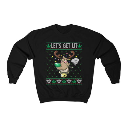 Let's Get Lit Weed Smoking Rudolph Ugly Christmas Sweatshirt, Funny Cannabis Shirt, Marijuana Lover Gift, Pot Head Clothes, Stoner Culture