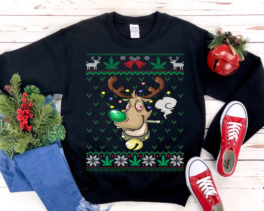 Weed Smoking Rudolph Ugly Christmas Sweatshirt, Funny Cannabis Shirt, Marijuana Lover Gift, Pot Head Clothes, Stoner Culture