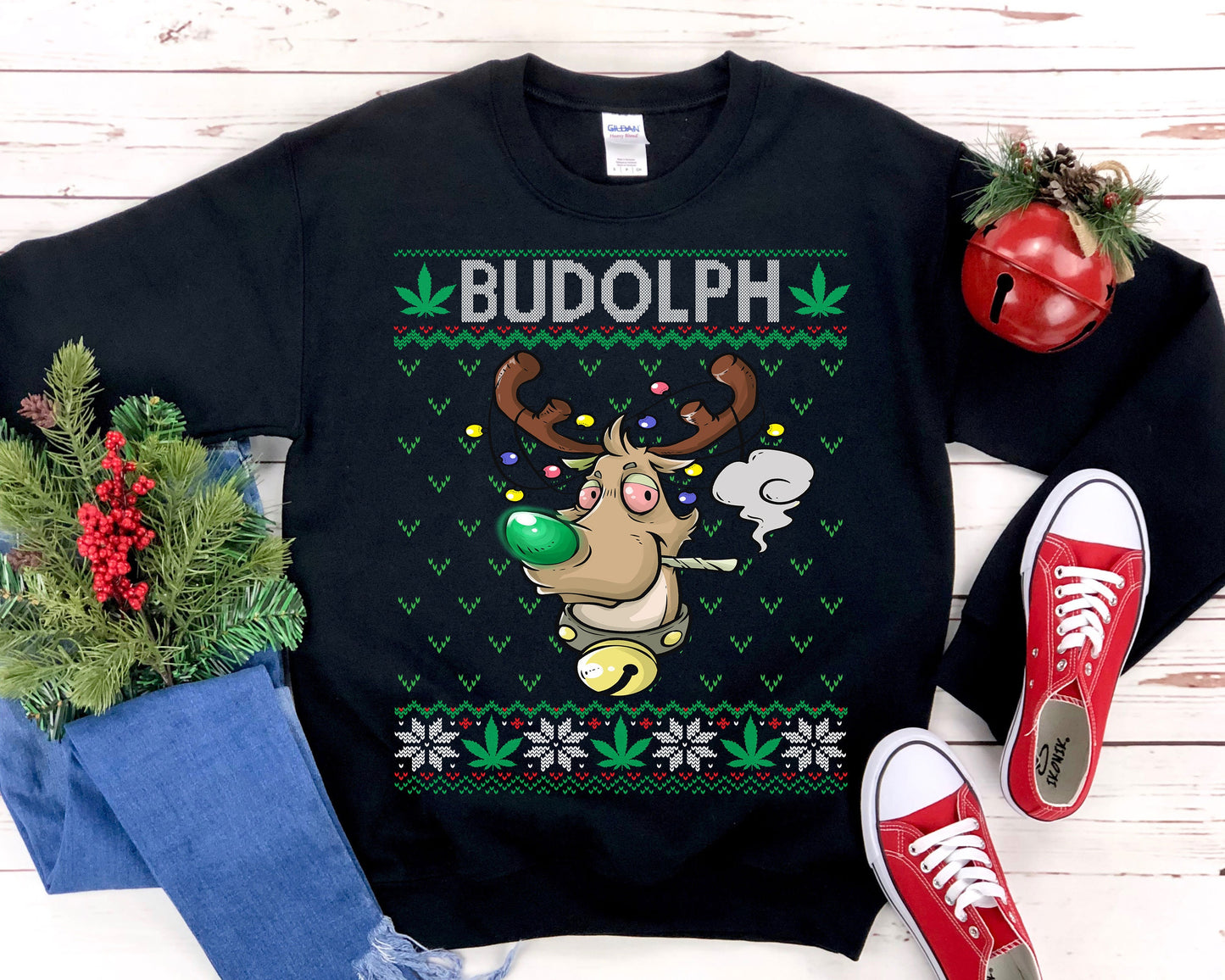 Budolph Weed Smoking Rudolph Ugly Christmas Sweatshirt, Funny Cannabis Shirt, Marijuana Lover Gift, Pot Head Clothes, Stoner Culture