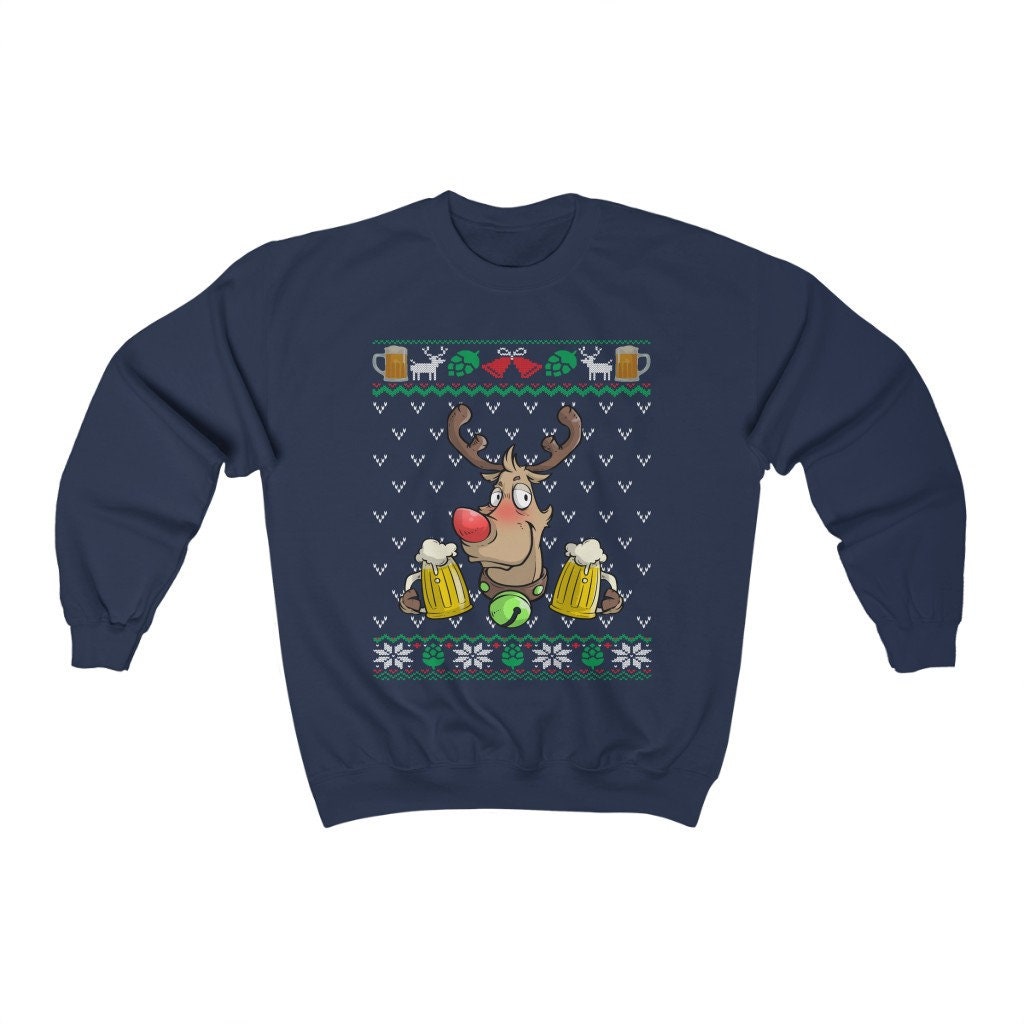Beer Drinking Rudolph Ugly Christmas Sweatshirt, Funny Beer Lover Gift for Dad, Xmas Clothes, Beer Holiday Party Shirt Unisex Crewneck