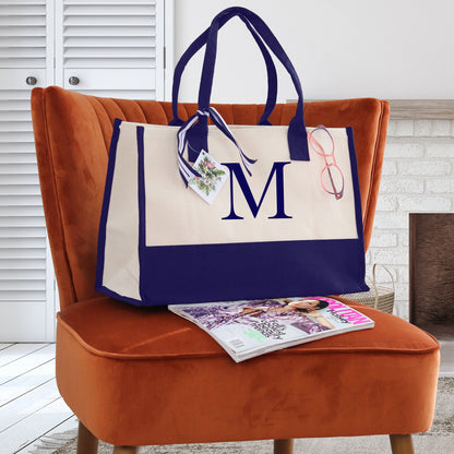 Personalized Monogram Embroidery Cotton Canvas Beach Tote Bag Initial Tote Bridesmaid Gift Tote Custom Beach Bag Gift for Her A-Z - Navy