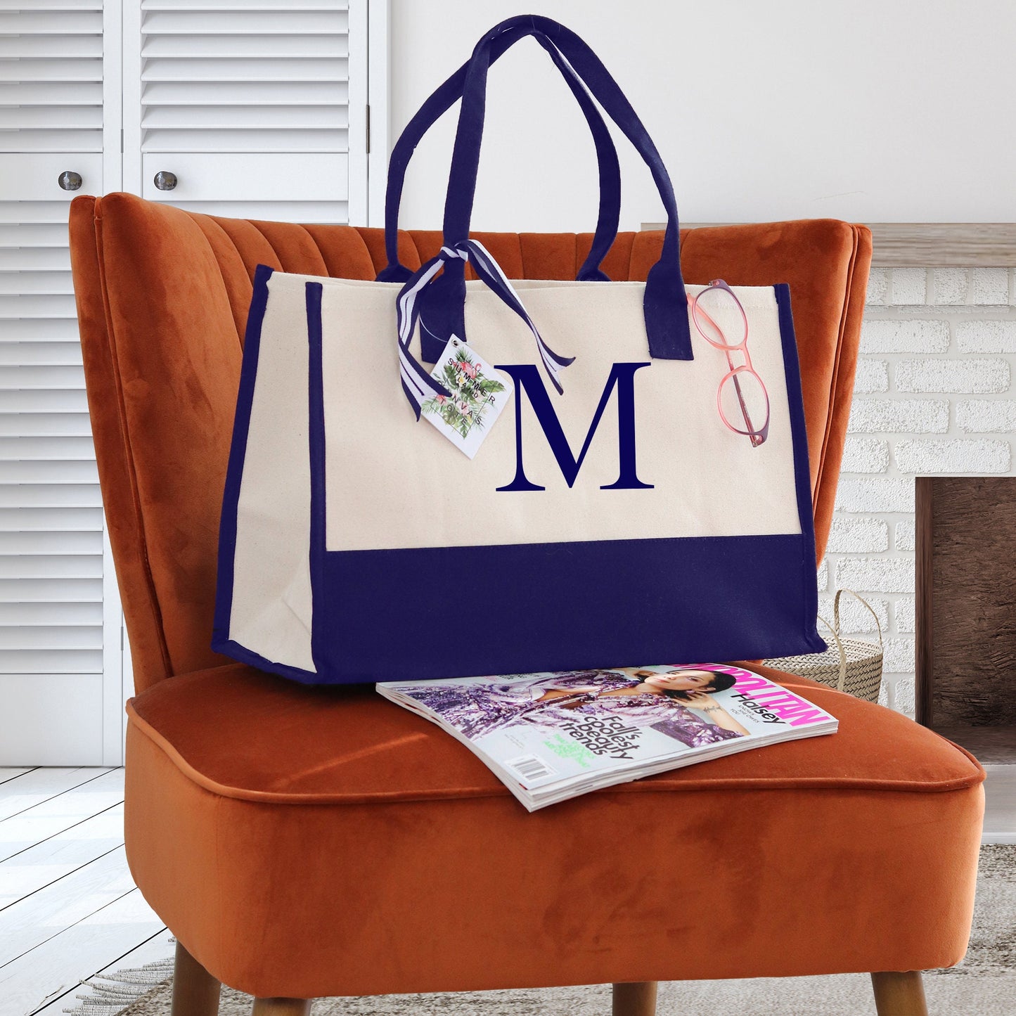 Personalized Monogram Embroidery Cotton Canvas Beach Tote Bag Initial Tote Bridesmaid Gift Tote Custom Beach Bag Gift for Her A-Z - Navy