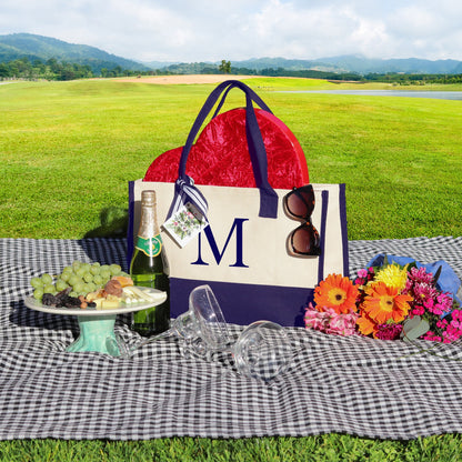 Personalized Monogram Embroidery Cotton Canvas Beach Tote Bag Initial Tote Bridesmaid Gift Tote Custom Beach Bag Gift for Her A-Z - Navy