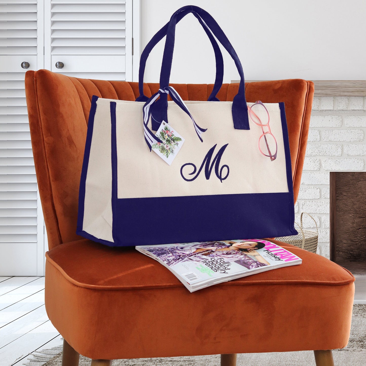 Personalized Monogram Embroidery Cotton Canvas Beach Tote Bag Initial Tote Bridesmaid Gift Tote Custom Beach Bag Gift for Her A-Z - Navy