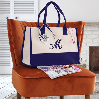 Personalized Monogram Embroidery Cotton Canvas Beach Tote Bag Initial Tote Bridesmaid Gift Tote Custom Beach Bag Gift for Her A-Z - Navy