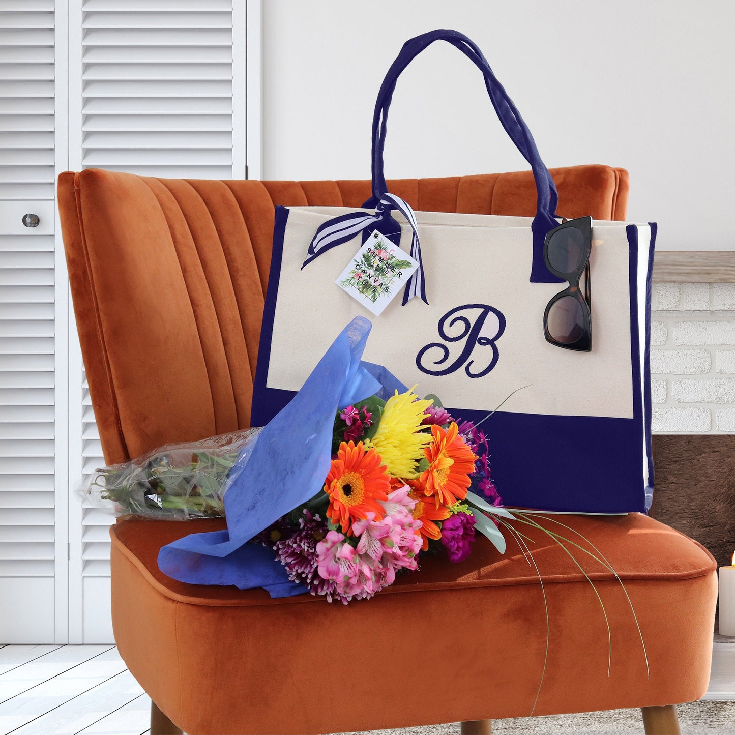 Personalized Monogram Embroidery Cotton Canvas Beach Tote Bag Initial Tote Bridesmaid Gift Tote Custom Beach Bag Gift for Her A-Z - Navy