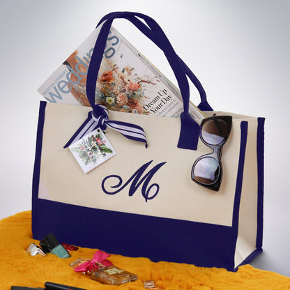 Personalized Monogram Embroidery Cotton Canvas Beach Tote Bag Initial Tote Bridesmaid Gift Tote Custom Beach Bag Gift for Her A-Z - Navy