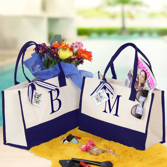 Personalized Monogram Embroidery Cotton Canvas Beach Tote Bag Initial Tote Bridesmaid Gift Tote Custom Beach Bag Gift for Her A-Z - Navy