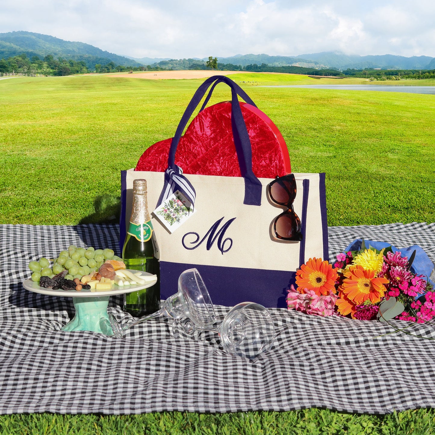 Personalized Monogram Embroidery Cotton Canvas Beach Tote Bag Initial Tote Bridesmaid Gift Tote Custom Beach Bag Gift for Her A-Z - Navy