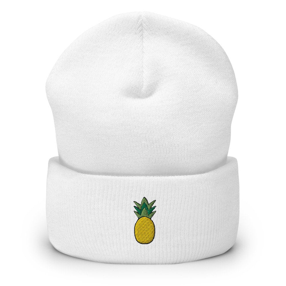 Pineapple Fruit Embroidered Beanie, Handmade Cuffed Knit Unisex Slouchy Adult Winter Hat Cap Gift