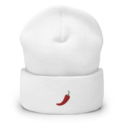 Spicy Red Hot Chilli Pepper Embroidered Beanie, Handmade Cuffed Knit Unisex Slouchy Adult Winter Hat Cap Gift