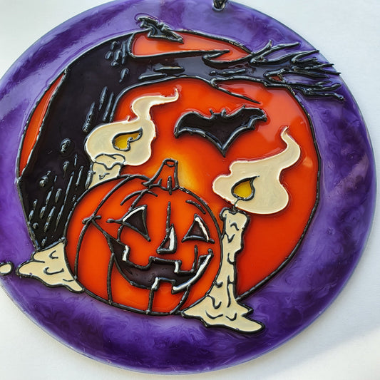 Halloween Pumpkin and bat Stained glass Suncatcher