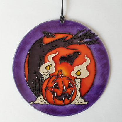 Halloween Pumpkin and bat Stained glass Suncatcher
