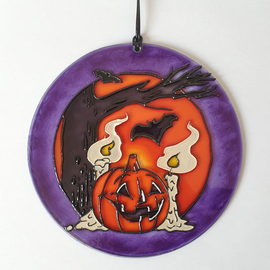 Halloween Pumpkin and bat Stained glass Suncatcher
