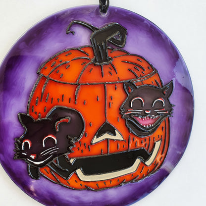 Halloween signs Pumpkin and cat decor Stained glass Suncatcher