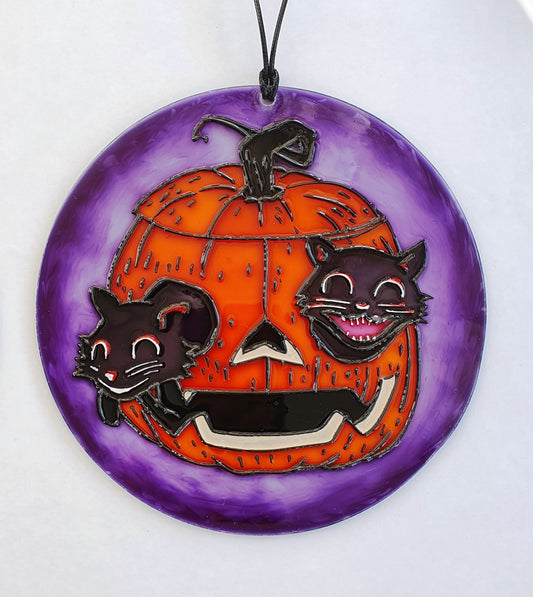 Halloween signs Pumpkin and cat decor Stained glass Suncatcher