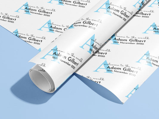 Personalised Newborn Wrapping Paper, Gift Wrap, Customised, New Born, New Baby, Baby Shower, Celebration, Boy, Blue, New Parents, Paper