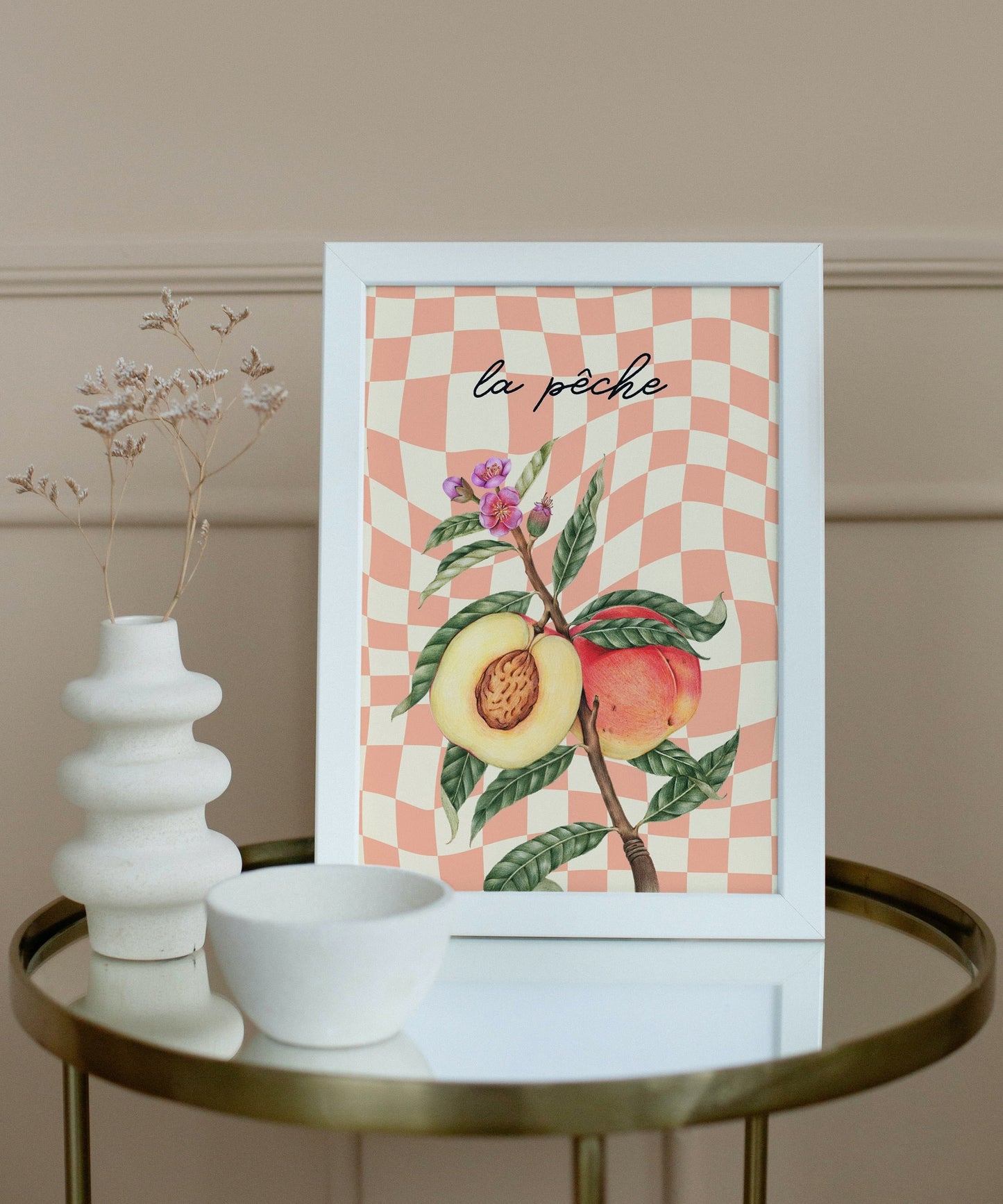 Peach Print: Retro Checkerboard, Pastel Kitchen Art