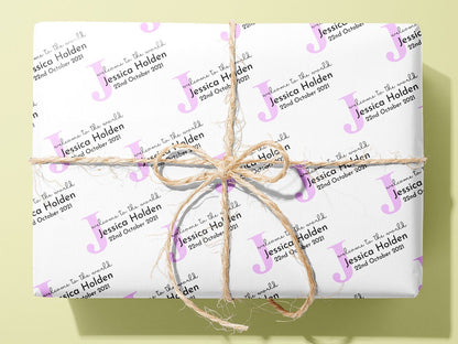 Personalised Newborn Wrapping Paper, Gift Wrap, Customised, New Born, New Baby, Baby Shower, Celebration, Girl, Pink, New Parents, Paper