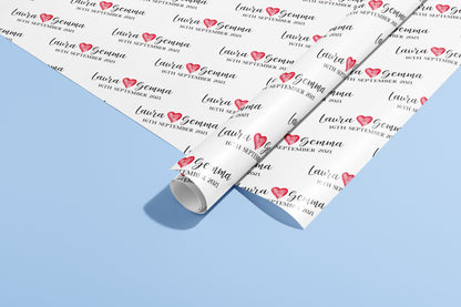 Personalised Gift Wrap, Names, Wrapping Paper, Valentines, Hearts, Customised, Wedding, Party, Engagement, Couples, Newly Weds, Anniversary