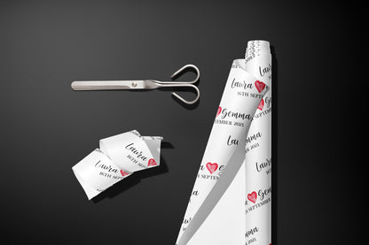 Personalised Gift Wrap, Names, Wrapping Paper, Valentines, Hearts, Customised, Wedding, Party, Engagement, Couples, Newly Weds, Anniversary