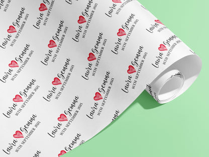 Personalised Gift Wrap, Names, Wrapping Paper, Valentines, Hearts, Customised, Wedding, Party, Engagement, Couples, Newly Weds, Anniversary
